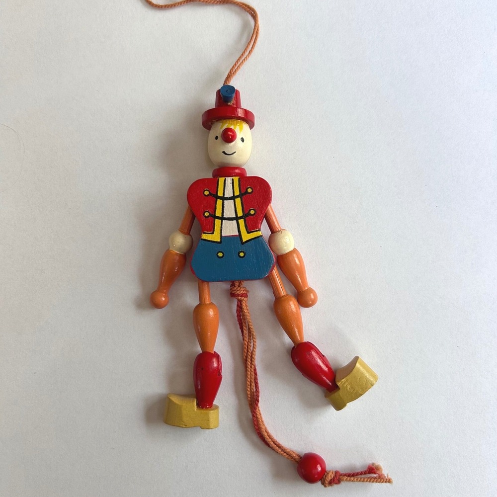 Vintage Wooden Pull String Clown Magnet Jointed Articulated Puppet Retro Toy